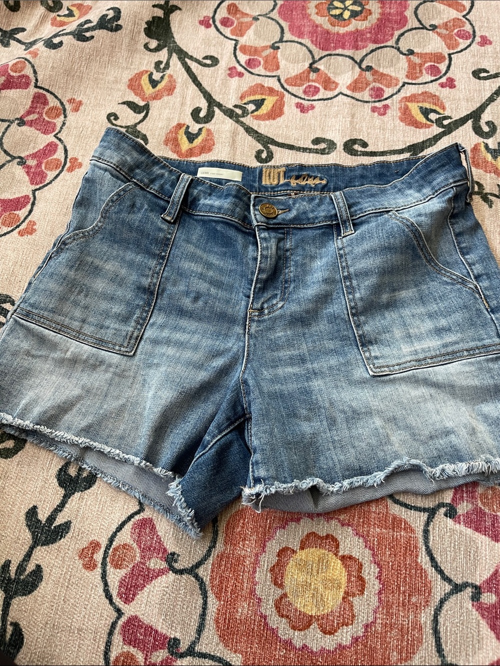 Kut from the Kloth Washed Blue Denim Frayed Hem Shorts